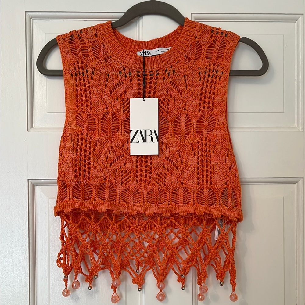 Zara Orange Crochet Fringe Cropped Top